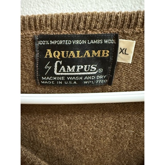 Aqualamb By Campus Men's Vintage Wool Brown Vneck Sweater Size XL - Picture 3 of 3